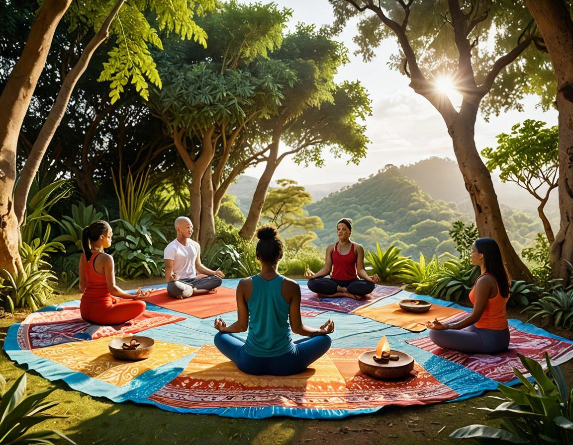 A serene scene depicting a diverse group of people engaging in mindful practices, surrounded by elements of various cultures, such as traditional food, music, and art, in a lush, tranquil landscape. They share stories and laughter, highlighting the connection between wellness and cultural exploration. Soft, warm lighting to evoke a feeling of harmony and peace. vibrant colors. 3D.