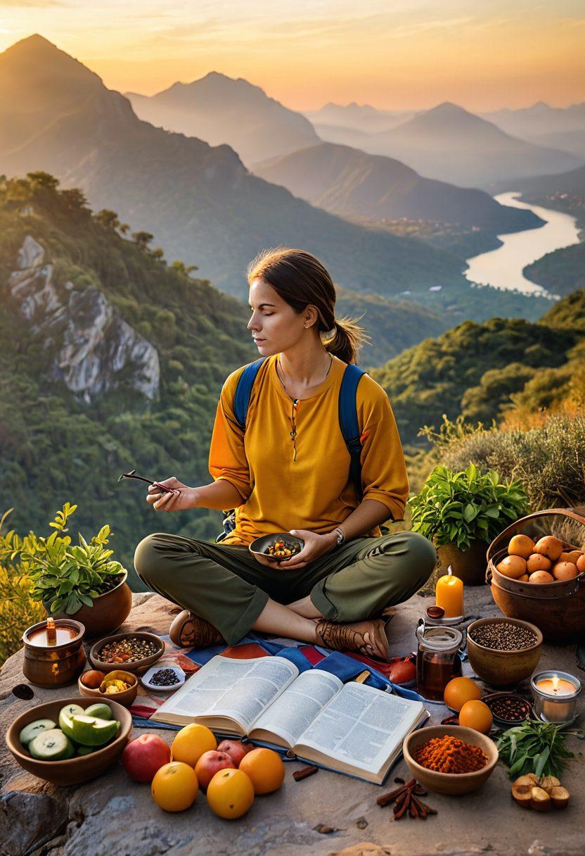 A serene traveler meditating on a mountaintop at sunrise, surrounded by lush landscapes and vibrant culinary elements like fresh fruits and spices. Incorporate a beautiful globe and travel essentials nearby, symbolizing adventure and mindfulness. The atmosphere should feel warm and inviting, with a blend of natural colors. super-realistic. vibrant colors. dreamy background.