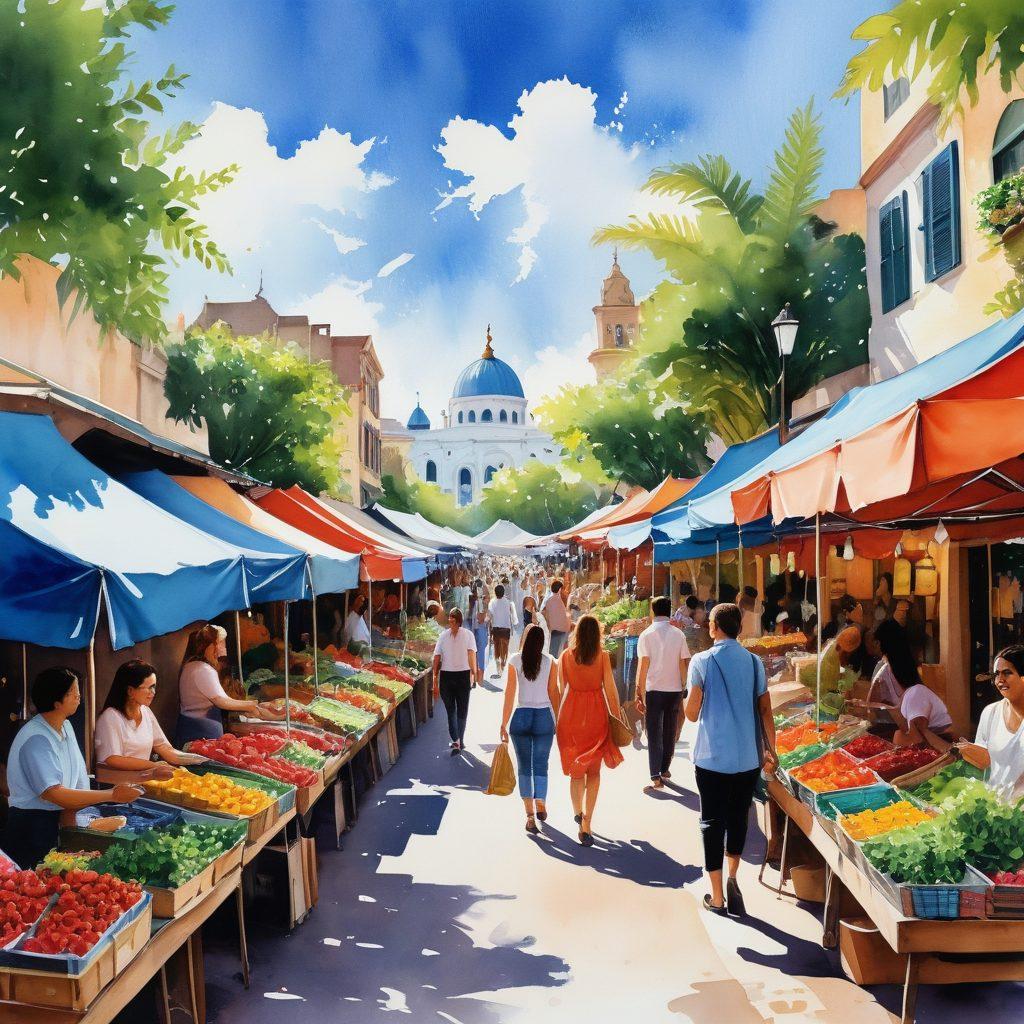 A vibrant travel scene featuring a diverse group of friends exploring a bustling street market filled with colorful food stalls, spices, and local artisans. They are indulging in various dishes while dressed in stylish, trendy clothing that reflects adventure and exploration. In the background, iconic landmarks hint at their travel destination, with lush greenery and a bright blue sky overhead, evoking a sense of wanderlust. watercolor style. vibrant colors. dynamic composition.